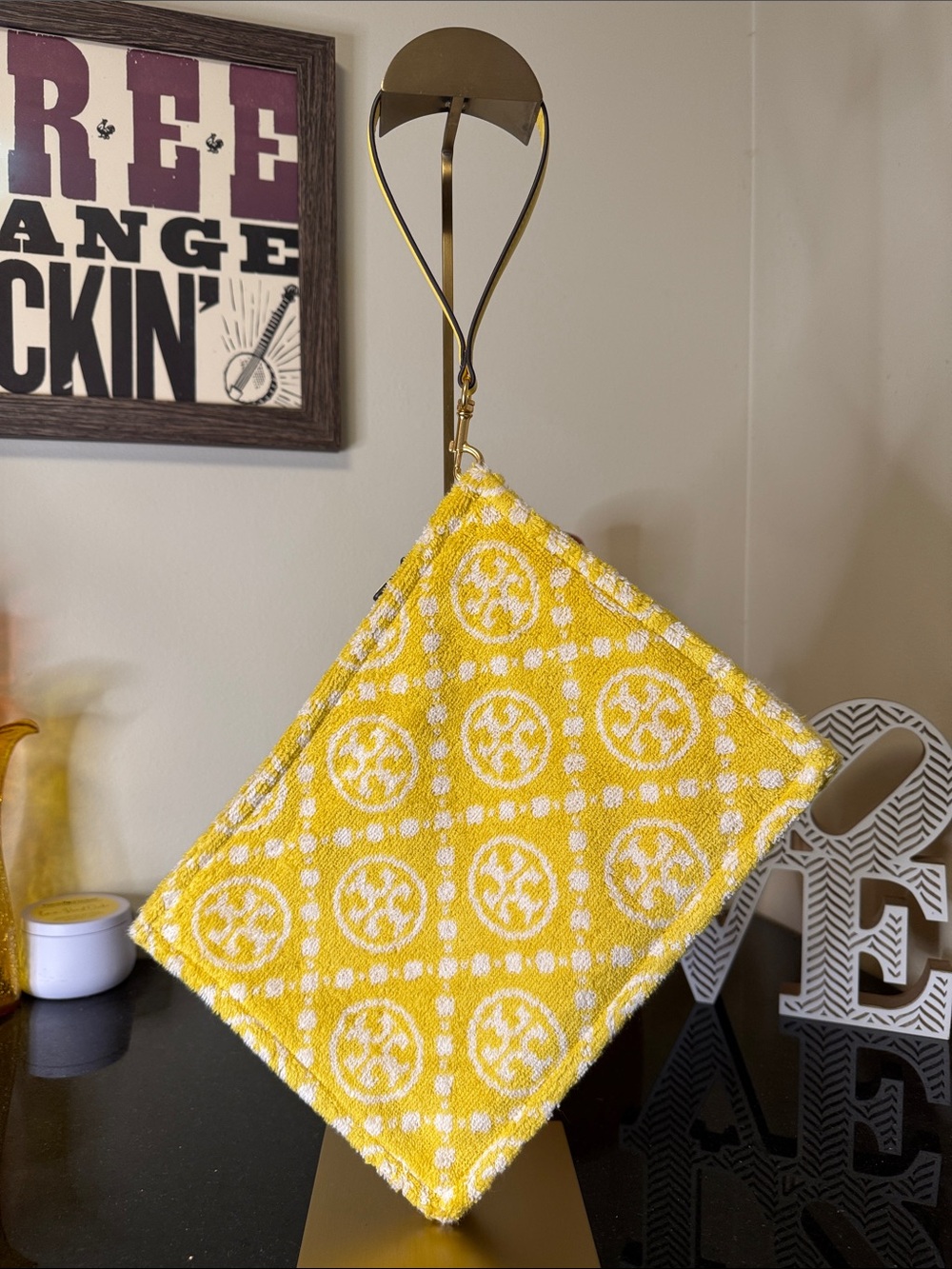 Tory Burch Yellow and White Double T Logo Terry Cloth Pattern Wristlet